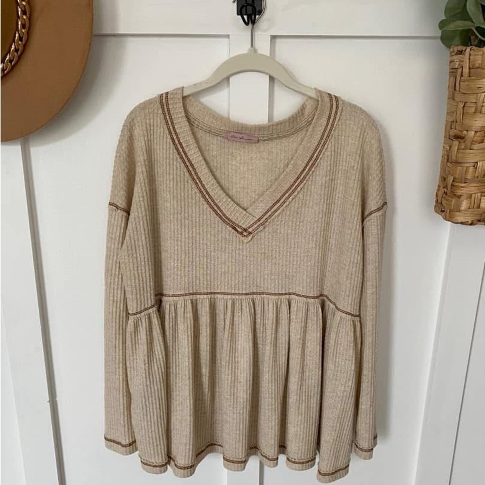 Women's Beige V-Neck Peplum Top